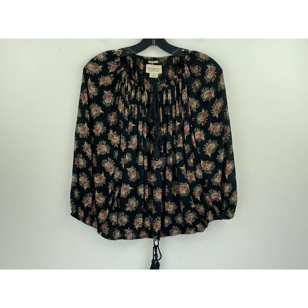 Vtg Denim & Supply Ralph Lauren Peasant Small Top B37-12 Blouse Black 3/4 Sleeve